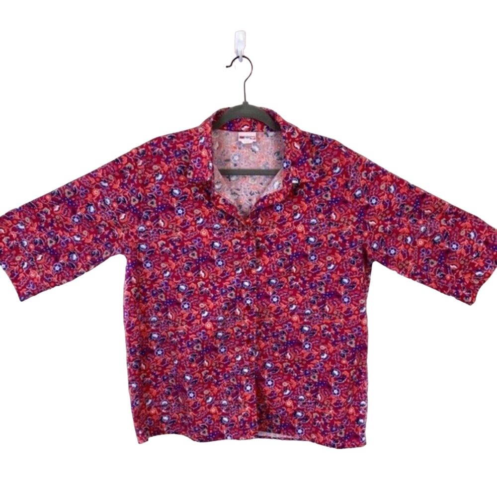 American Sweetheart Shirt Top Women's Red Floral 3/4 Sleeve Button Up Size L
